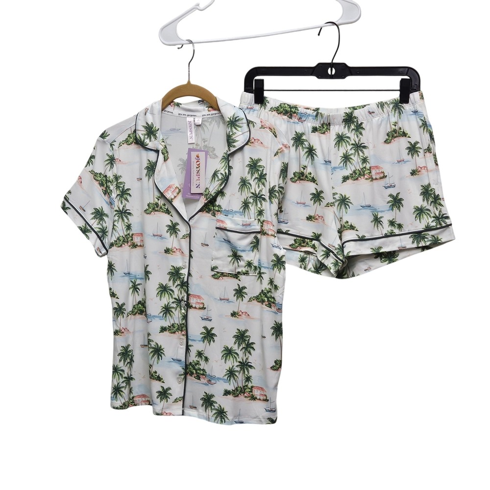 Joyspun Pajama Set Womens S White Tropical Palm Tree Island Short Sleeve Sleep